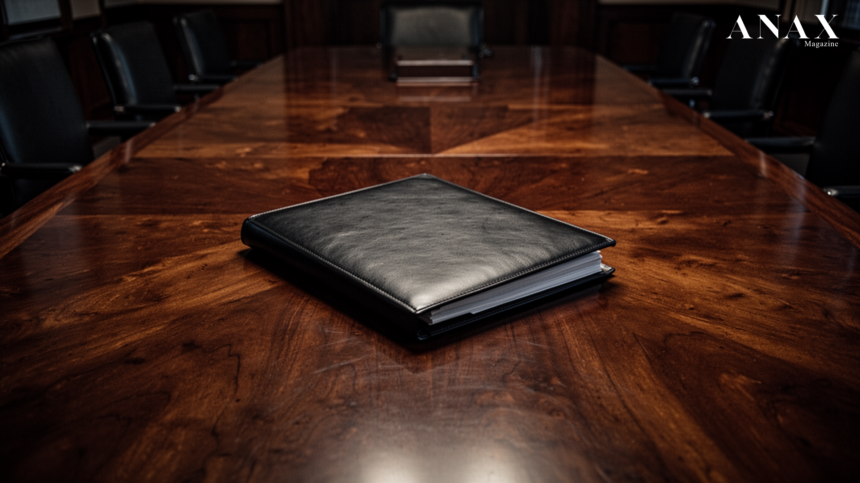 A leather dossier on a mahogany table representing the sovereign family office and its absolute financial secrecy.