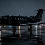 An unmarked aircraft on a dark tarmac illustrating the private jet economics of sovereign isolation and unyielding security.