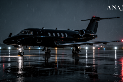 An unmarked aircraft on a dark tarmac illustrating the private jet economics of sovereign isolation and unyielding security.
